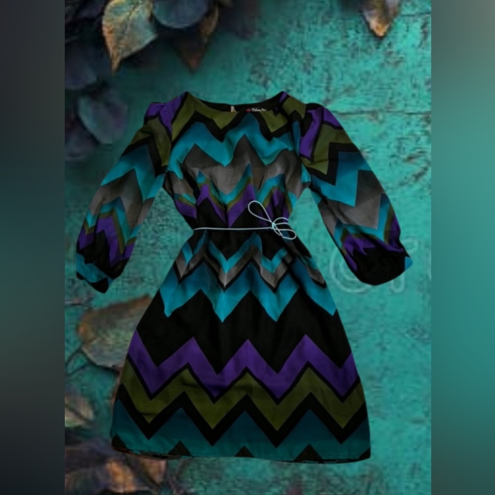 Chevron Belted Casual Dress in Teal, Purple & Black